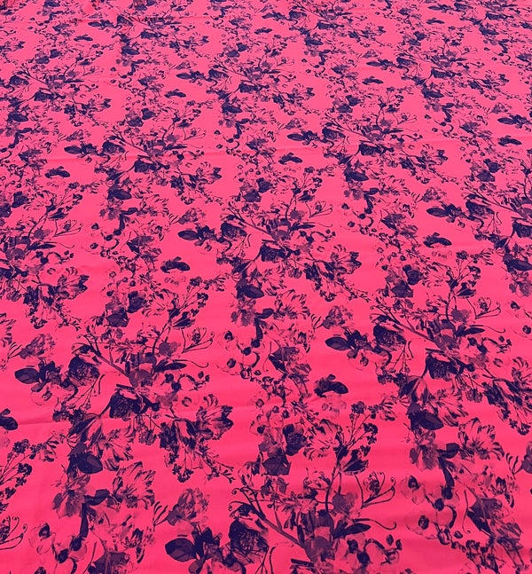 Hot Pink Purple Floral Compact Crepe Fabric 2 Way Stretch