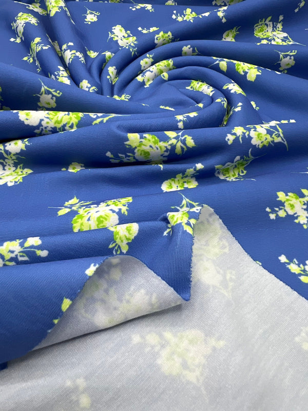 Blue Green Flower Floral Mix Print Spun Poly Stretch Fabric