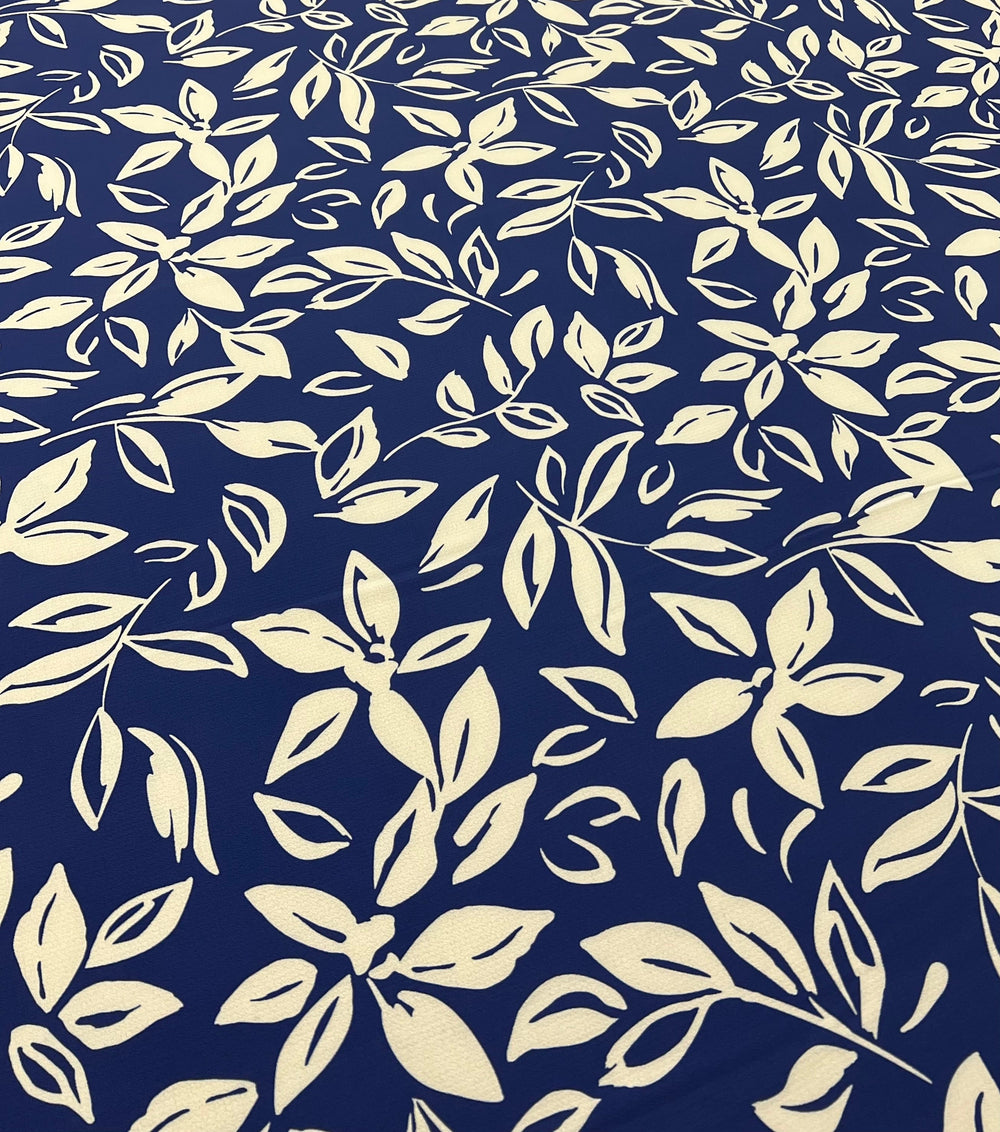 Blue Leaf Print Lightweight Bubble Crepe Fabric
