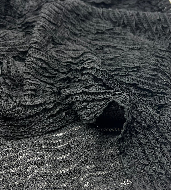 Black Ruffle Crochet Frill Knitted Stretch Fabric 300GSM