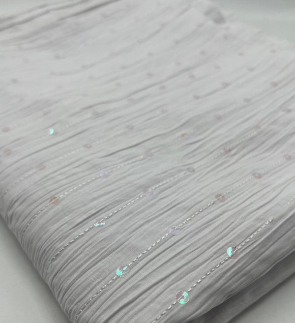 White Sequin Crinkled Lightweight Non Stretch Fabric