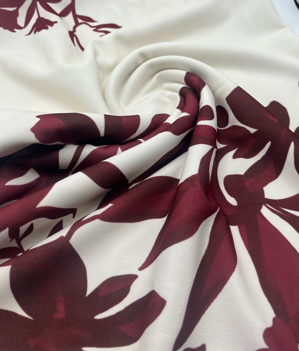 Burgundy Floral Printed Scuba Crepe Jersey Fabric 4 Way Stretch