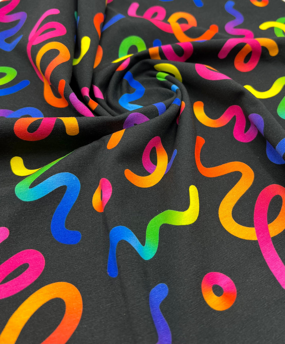 Party Streamers Print Cotton Stretch Jersey 200 GSM 95/5 Lycra 4 Way Stretch