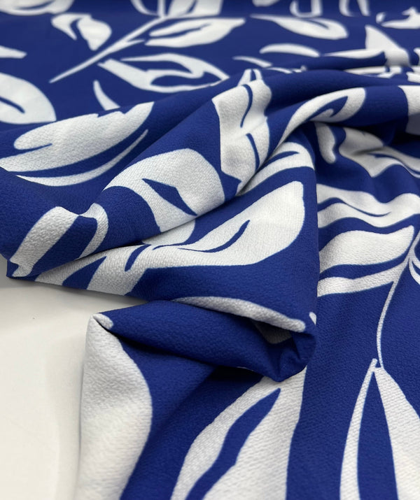 Blue Leaf Print Lightweight Bubble Crepe Fabric