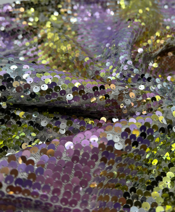 Lilac Gold Sequin Detail Textured Mesh Stretch Fabric