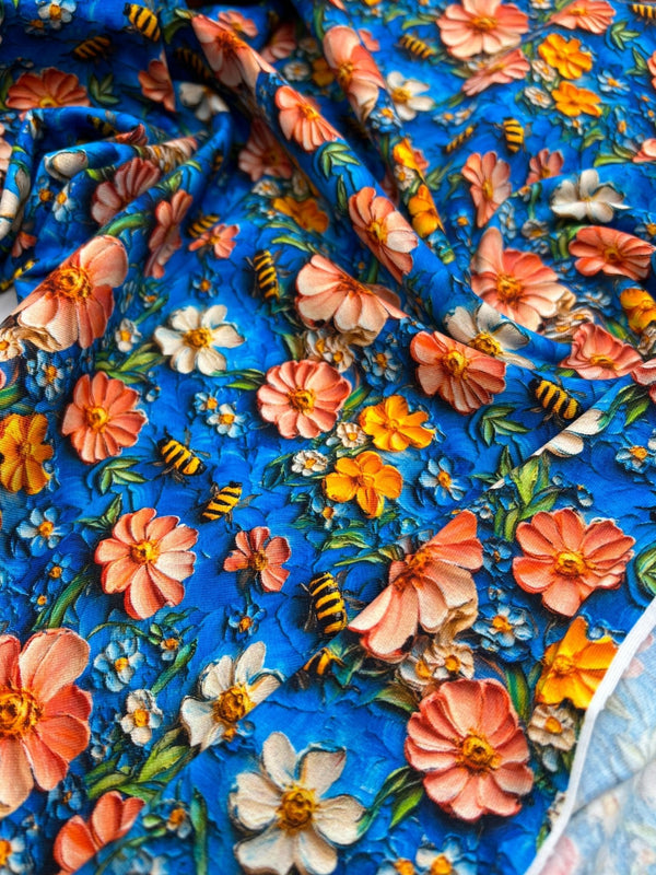 3D Bumblebees Print Cotton Stretch Jersey 200 GSM 95/5 Lycra 4 Way Stretch