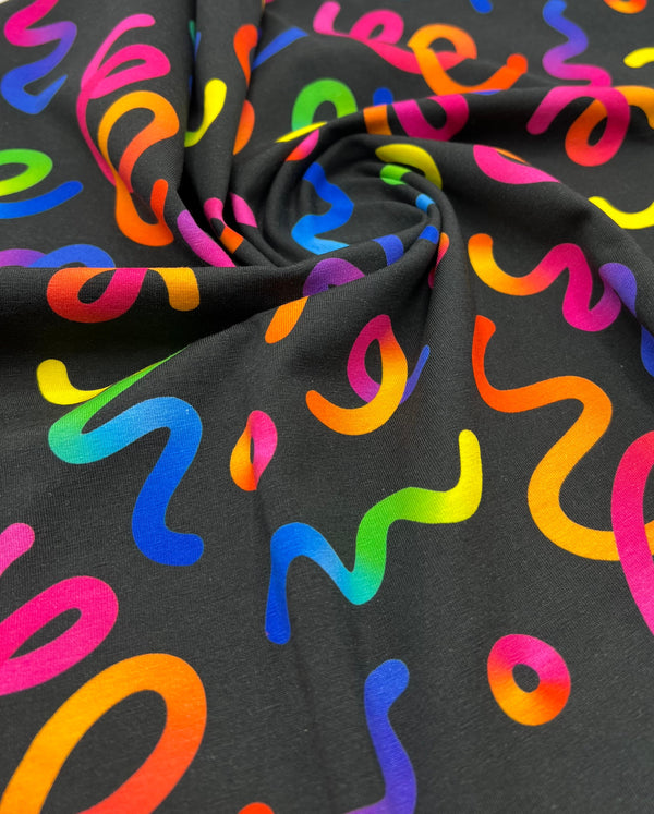 Party Streamers Print Cotton Stretch Jersey 200 GSM 95/5 Lycra 4 Way Stretch