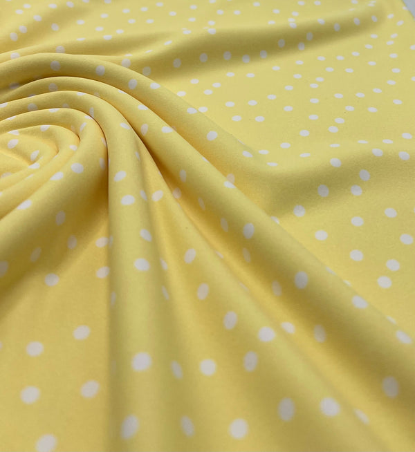 Lemon Yellow Polka Stretch Jersey 220GSM 4 Way Stretch Fabric
