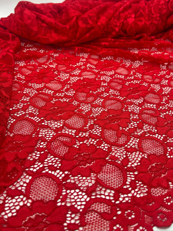 Red Flower Scalloped Edge Floral Lace Fabric Stretch