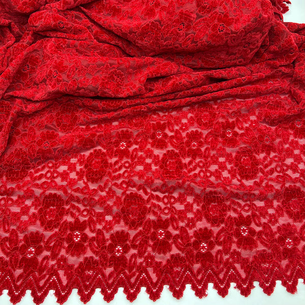 Red Embossed Textured Scalloped Edge Floral Lace Fabric Stretch