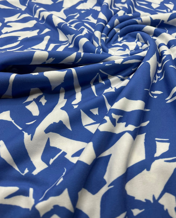 Blue White Mix Print Spun Poly Stretch Fabric