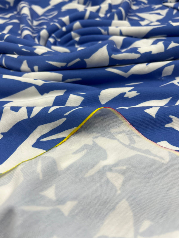 Blue White Mix Print Spun Poly Stretch Fabric