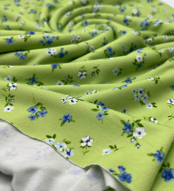 Bright Green Ditsy Floral Print Spun Poly Stretch Fabric