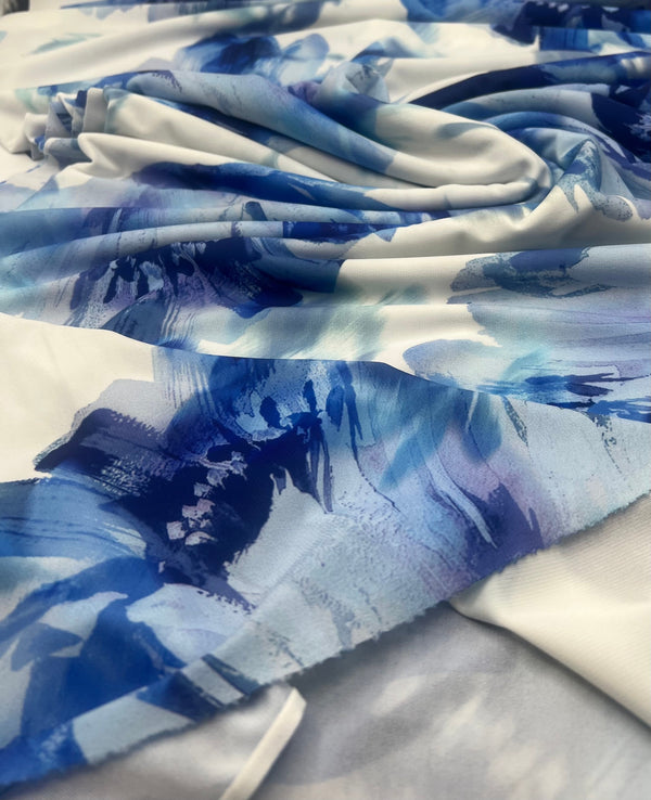 Blue Large Floral Print ITY Fabric 2 Way Stretch
