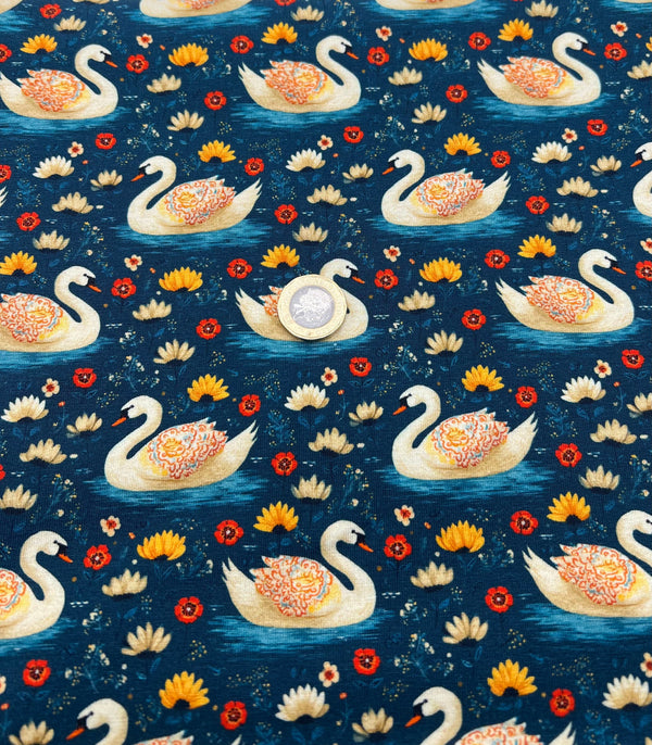Folk Art Swans Print Cotton Stretch Jersey 200 GSM 95/5 Lycra 4 Way Stretch