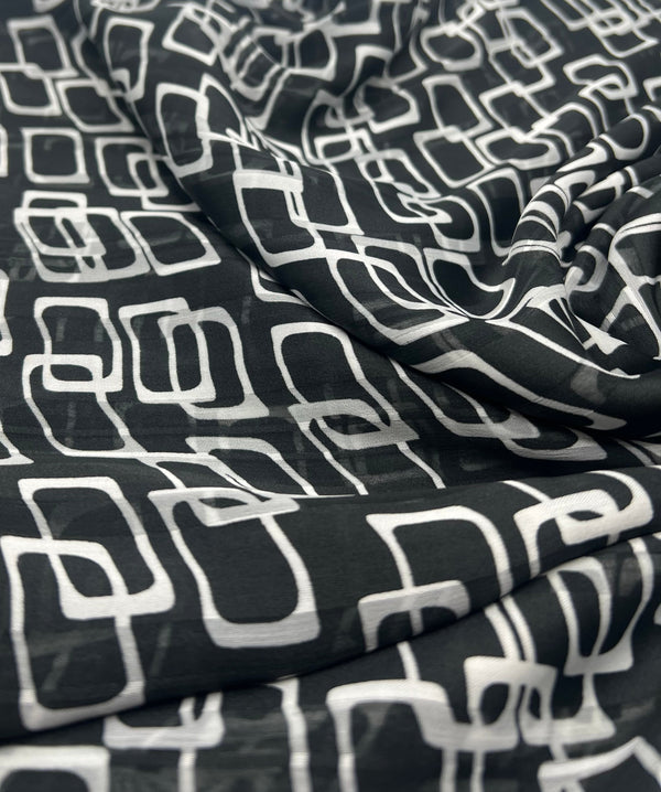 Black White Rectangles Printed Chiffon Dress Fabric