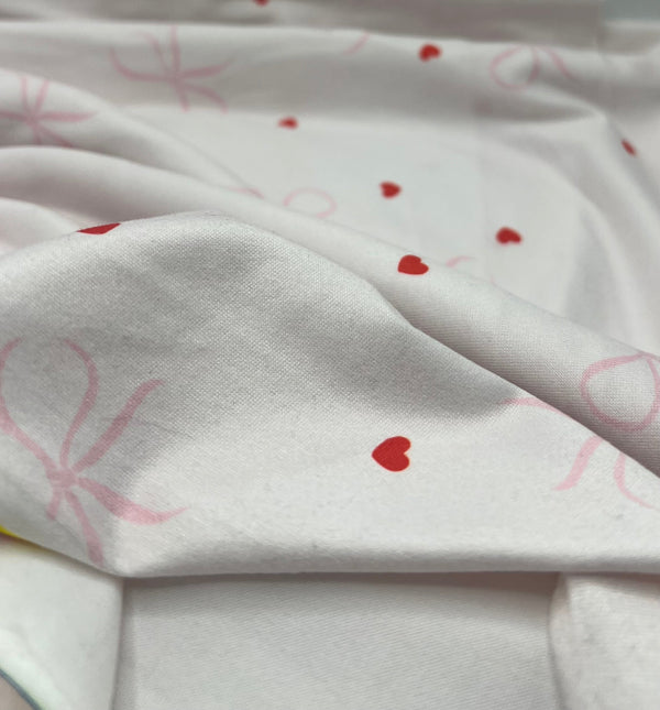 Soft Pink Heart Bow Super Soft Print Spun Poly Stretch Fabric