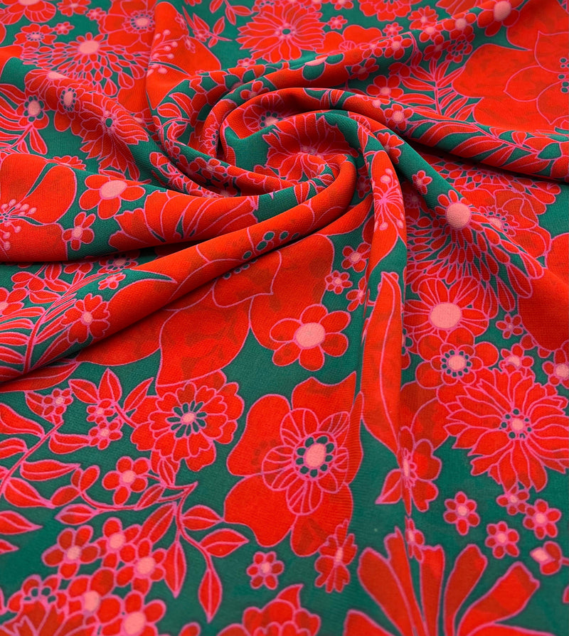 Red Green Floral Lightweight Crepe Fabric 110GSM Non Stretch
