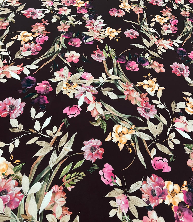 Brown Floral Scuba Foam 3D Mono Jersey Fabric 2 Way Stretch