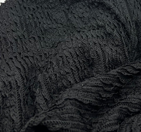 Black Ruffle Crochet Frill Knitted Stretch Fabric 300GSM