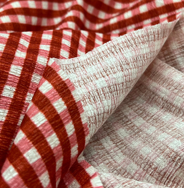 Red Gingham Check Print Lightweight Bubble Crepe Fabric
