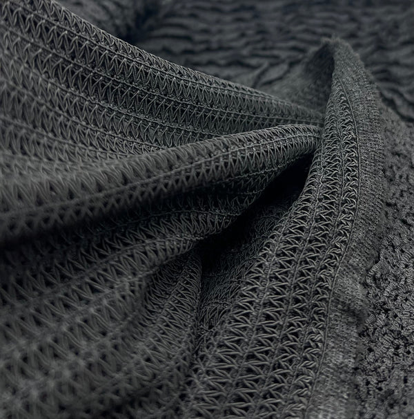 Black Ruffle Crochet Frill Knitted Stretch Fabric 300GSM