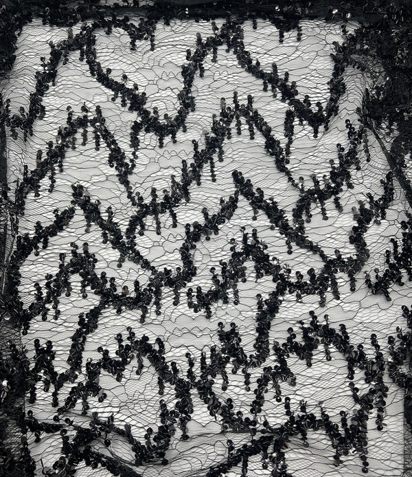 Black Sequin Detail Tulle Net Mesh Fabric Stretch