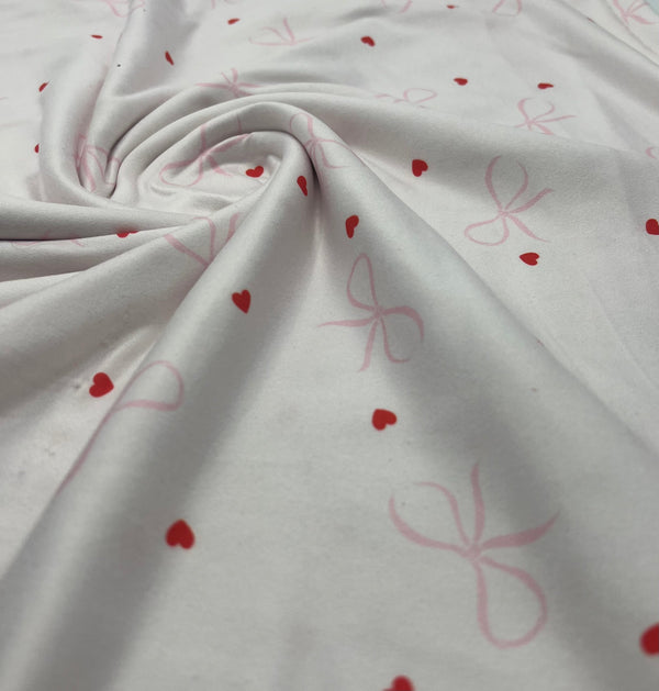 Soft Pink Heart Bow Super Soft Print Spun Poly Stretch Fabric