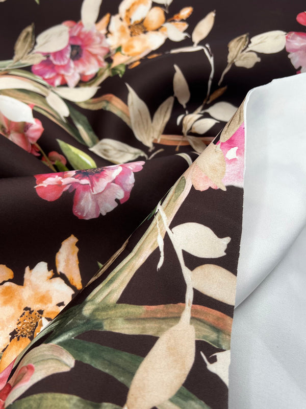 Brown Floral Scuba Foam 3D Mono Jersey Fabric 2 Way Stretch