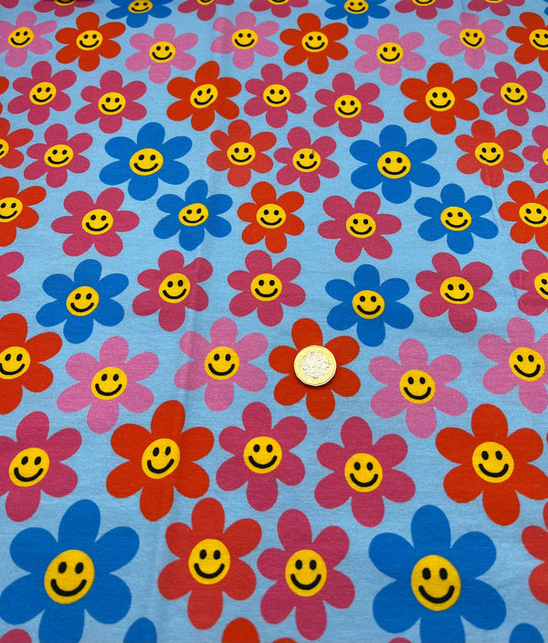 Happy Blooms Print Cotton Stretch Jersey 200 GSM 95/5 Lycra 4 Way Stretch