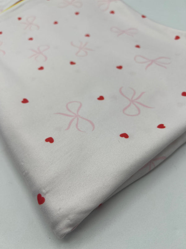 Soft Pink Heart Bow Super Soft Print Spun Poly Stretch Fabric