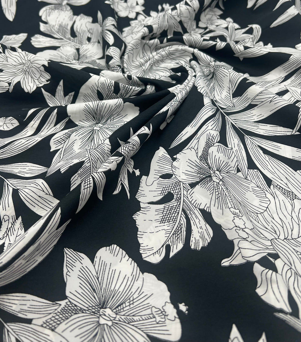 Black White Floral Lightweight Fabric 70GSM Non Stretch