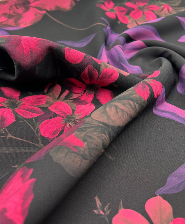 Black Purple Pink Floral Compact Crepe Fabric 2 Way Stretch