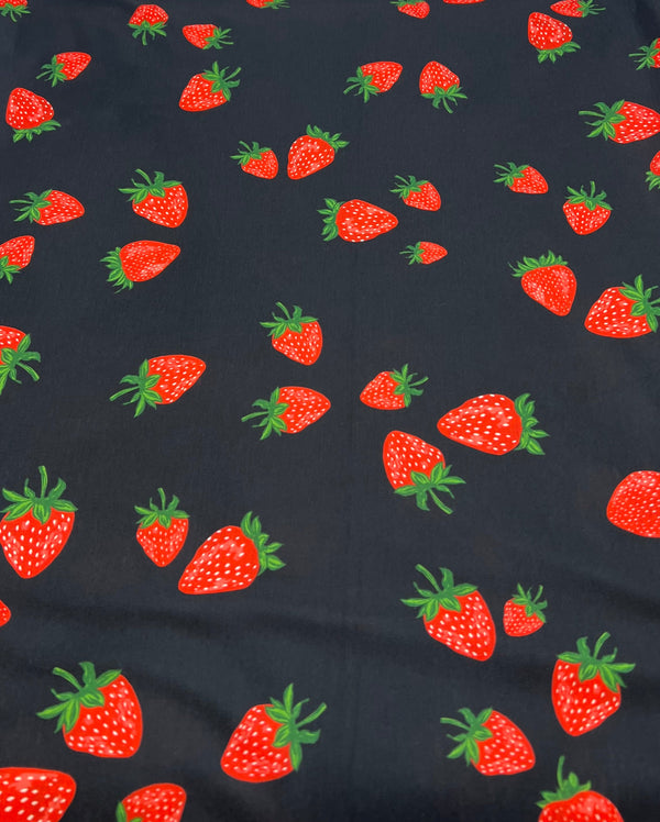 Black Strawberry Print Spun Poly Stretch Fabric