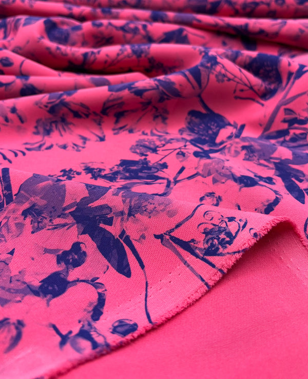 Hot Pink Purple Floral Compact Crepe Fabric 2 Way Stretch