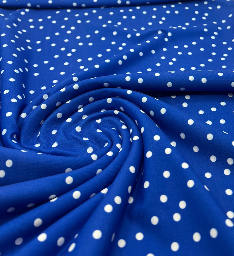 Blue Polka Stretch Jersey 220GSM 4 Way Stretch Fabric