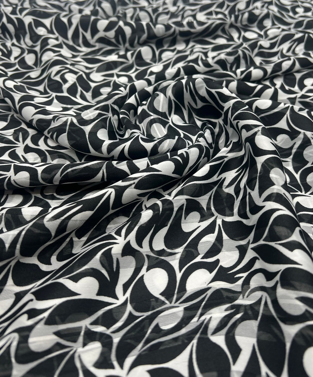 Black Silver Floral Stripe Printed Chiffon Dress Fabric