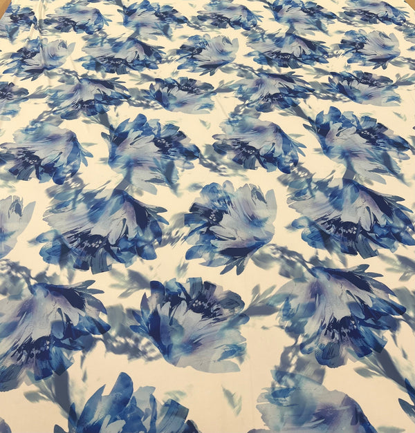 Blue Large Floral Print ITY Fabric 2 Way Stretch