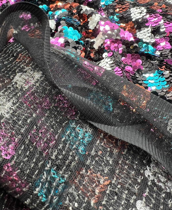 Multi Colour Sequin Detail Textured Mesh Stretch Fabric