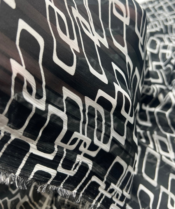 Black White Rectangles Printed Chiffon Dress Fabric