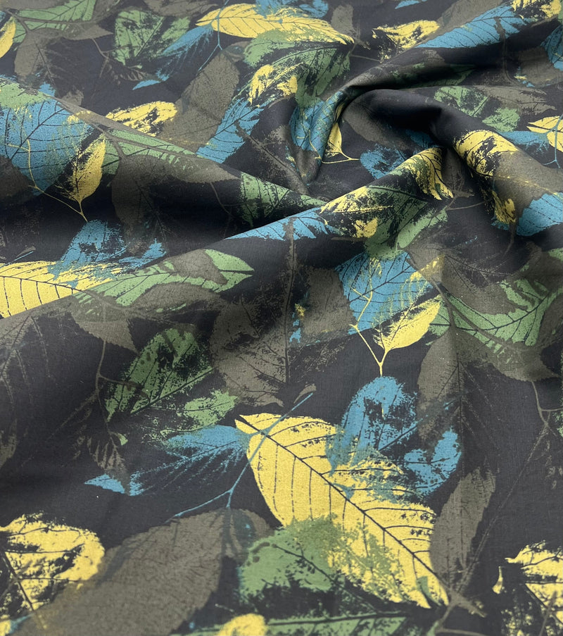 Black Leaves Linen Look Non Stretch Fabric