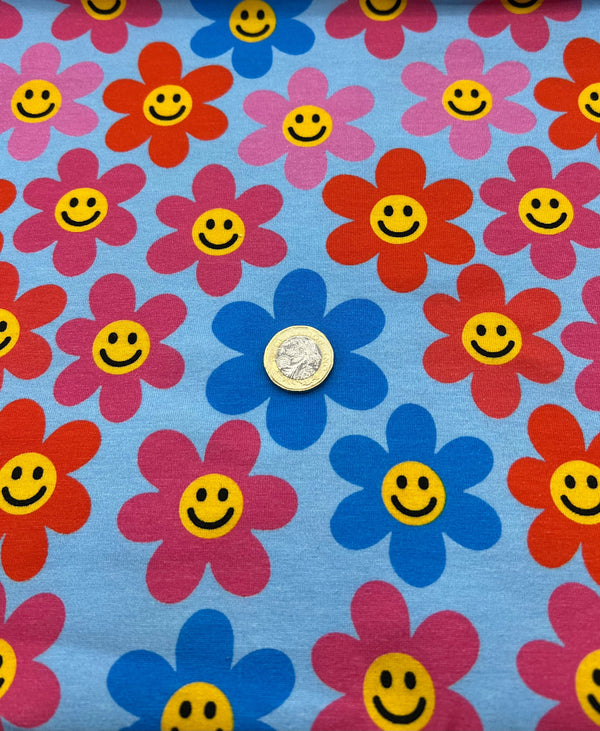 Happy Blooms Print Cotton Stretch Jersey 200 GSM 95/5 Lycra 4 Way Stretch