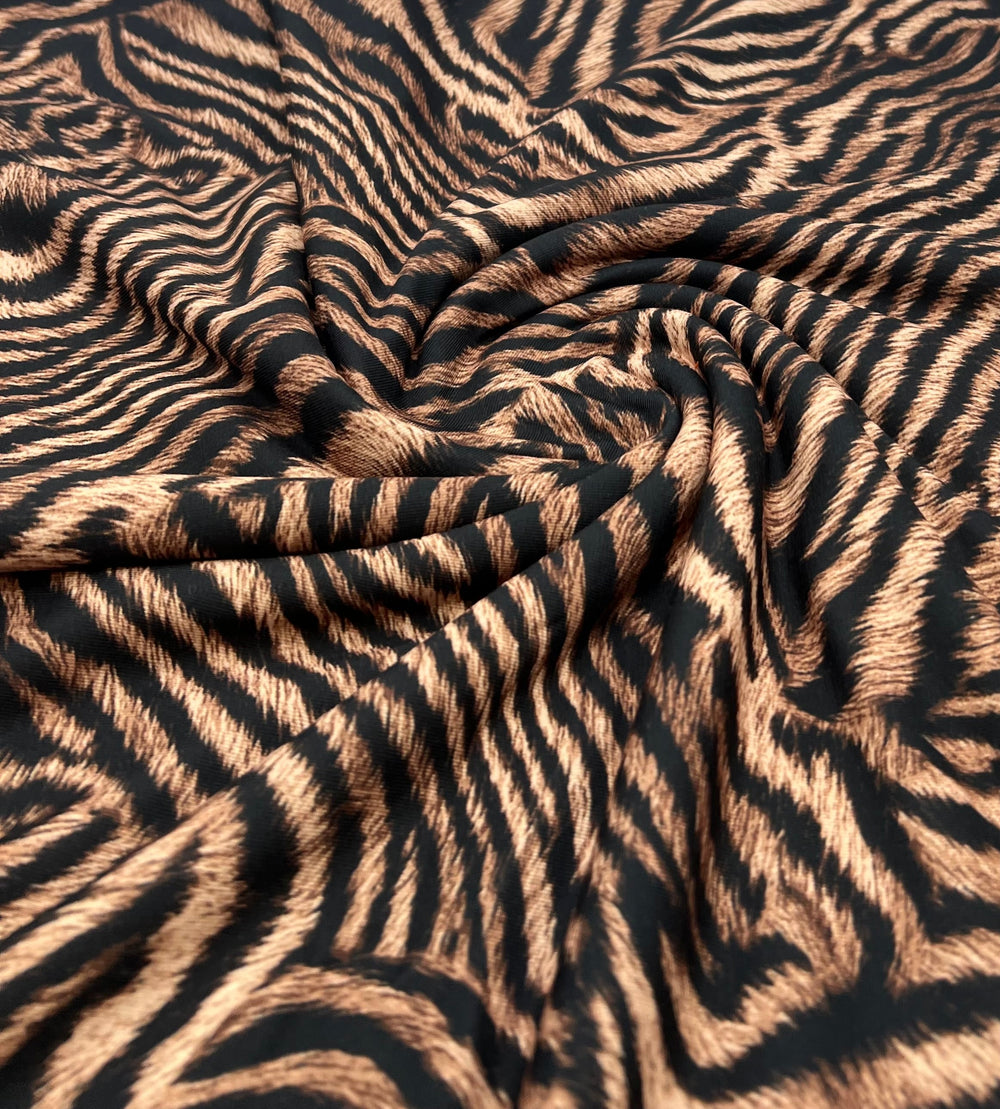 Black Beige Animal Print Spun Poly Stretch Fabric