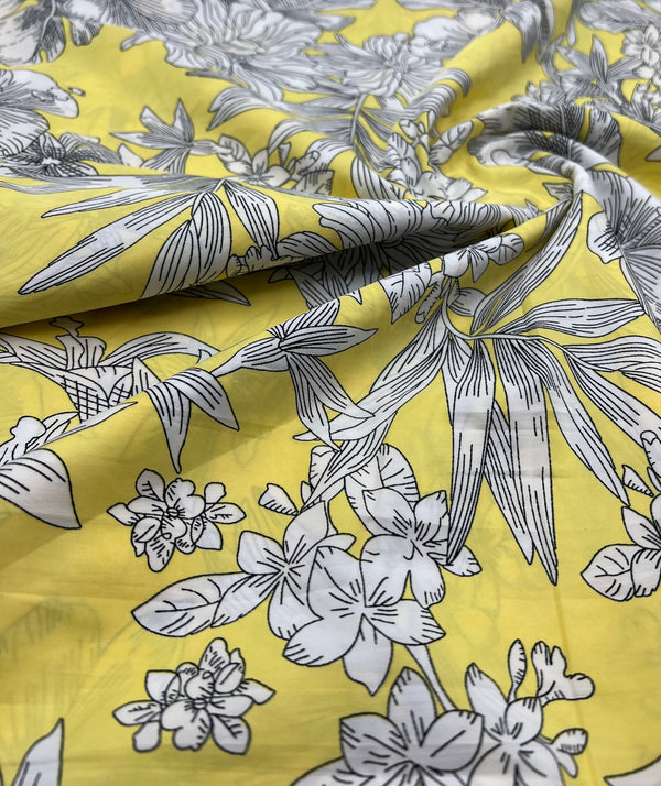 Yellow White Floral Lightweight Crepe Fabric 70GSM Non Stretch