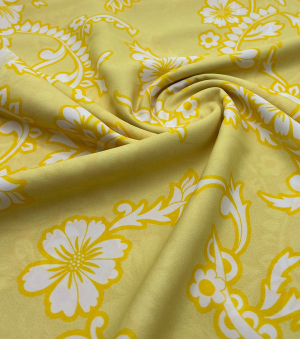 Yellow White Print Lightweight Crepe Fabric 115GSM Non Stretch