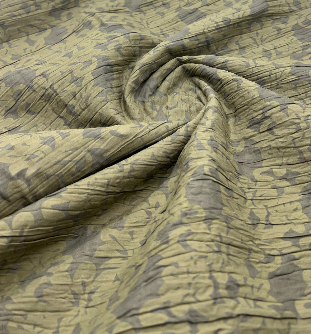 Khaki Floral Crinkled Lightweight Non Stretch Woven Fabric