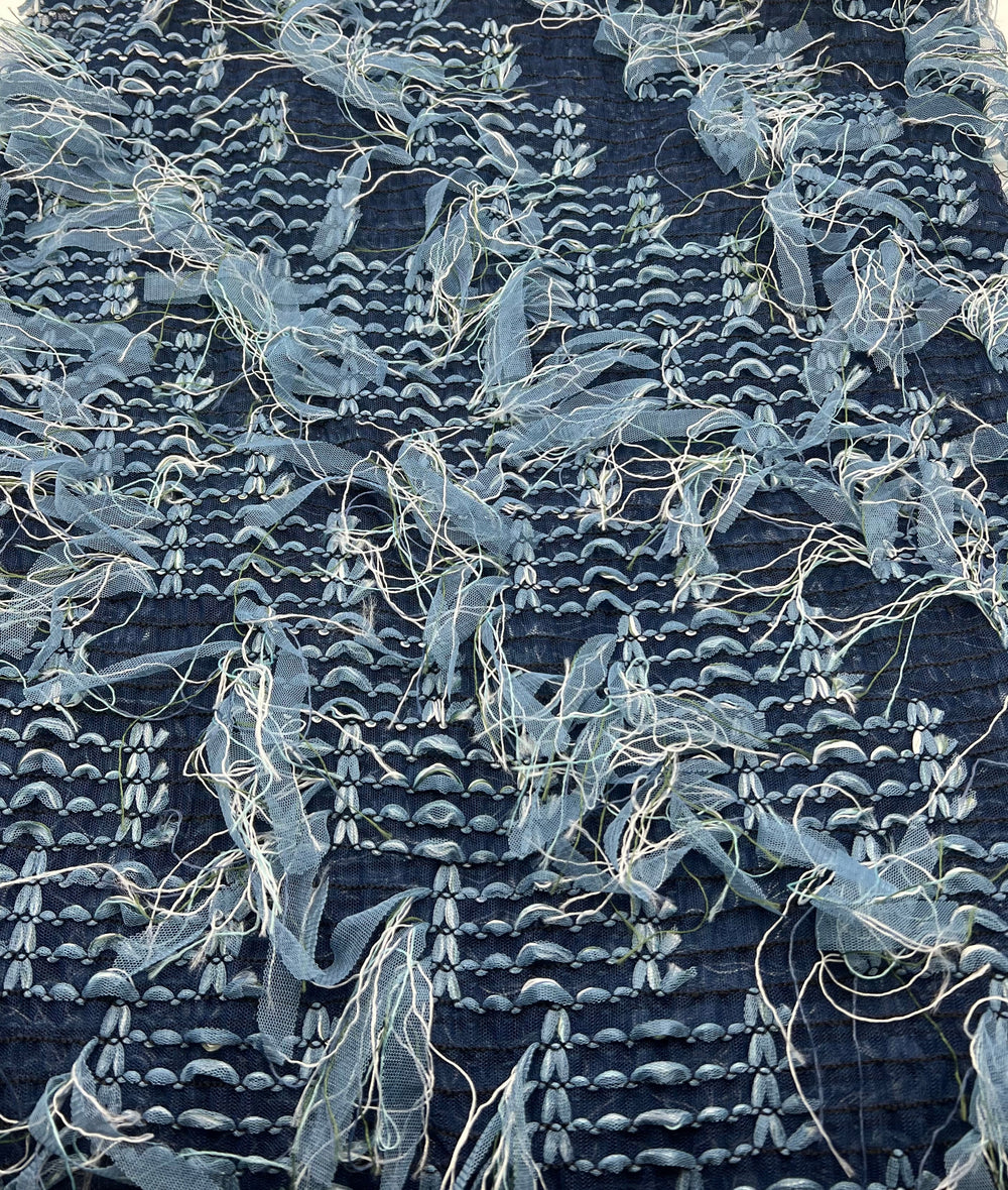 Blue Mix Textured Mesh Tassel Fabric 2 Way Stretch