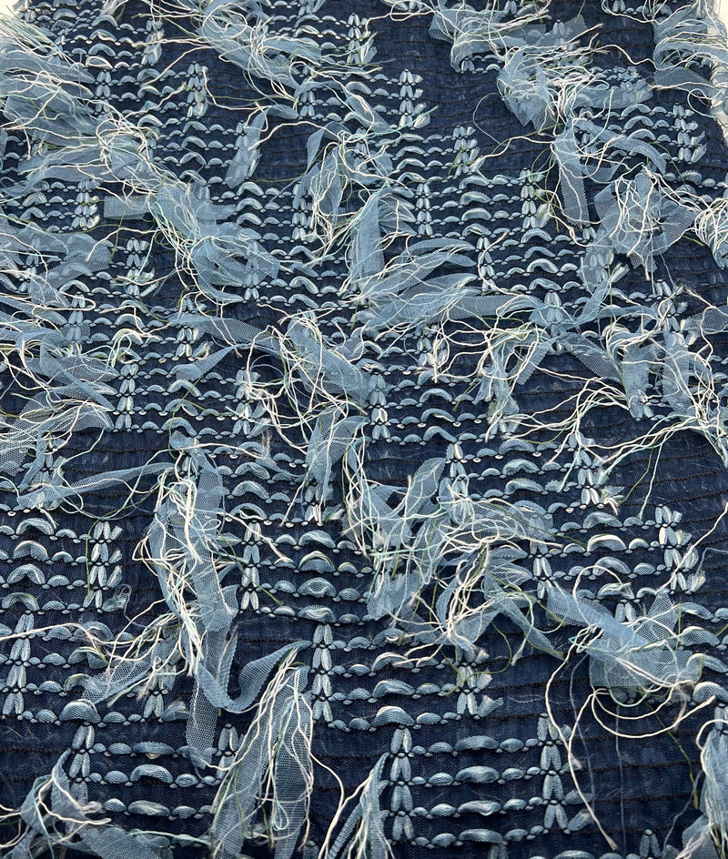 Blue Mix Textured Mesh Tassel Fabric 2 Way Stretch