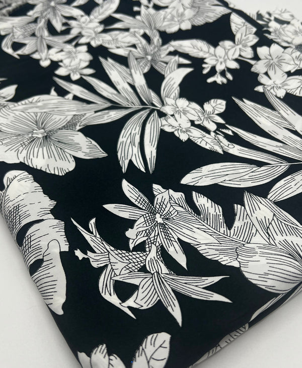 Black White Floral Lightweight Fabric 70GSM Non Stretch