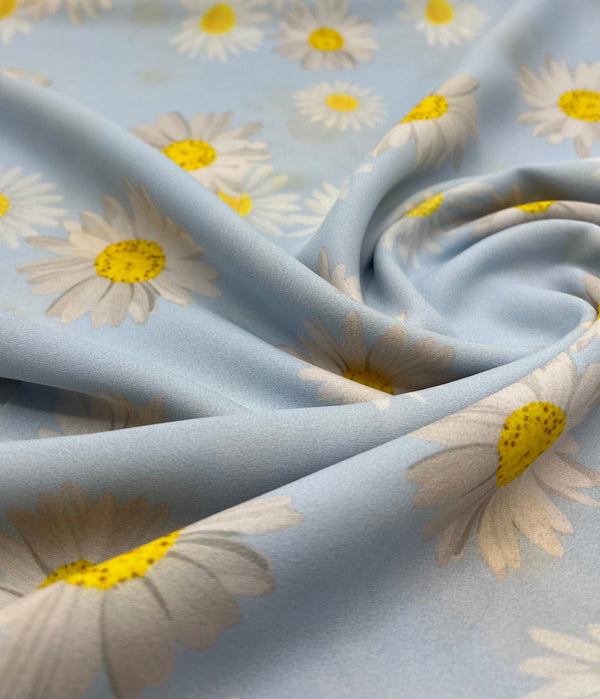 Sky Blue Daisy Lightweight Crepe Fabric 120GSM Non Stretch